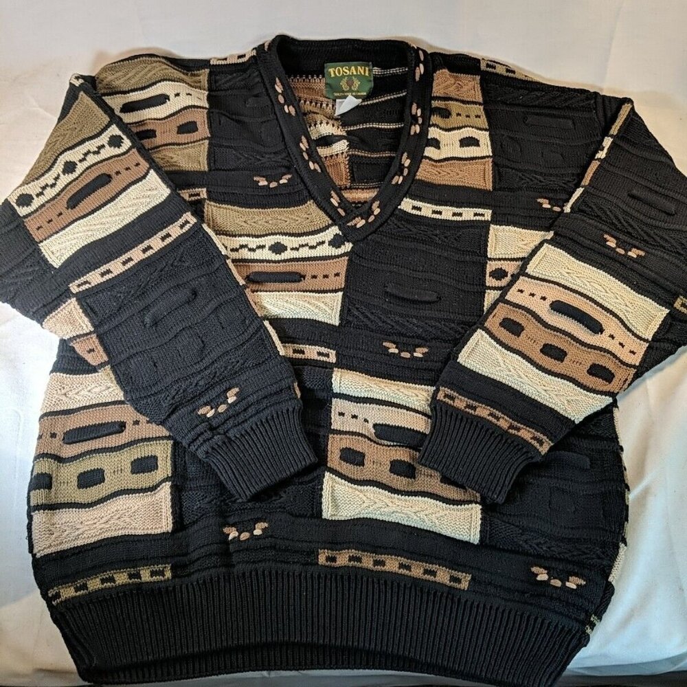Tosani Canada Cotton L Large Knit Sweater Brown Black Beige Multicolor 90s Vneck